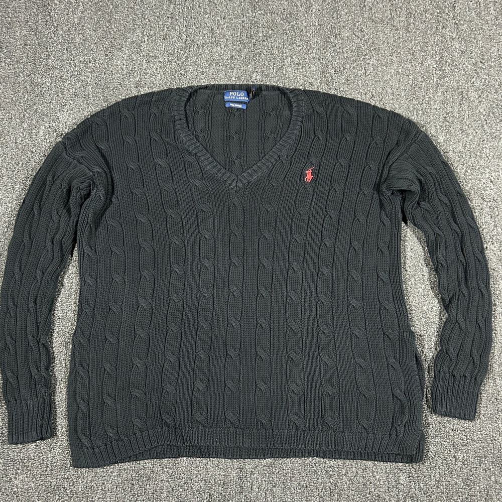 Polo Ralph Lauren Cable Knit Sweater Women XS Black Pima Cotton V-Neck Preppy